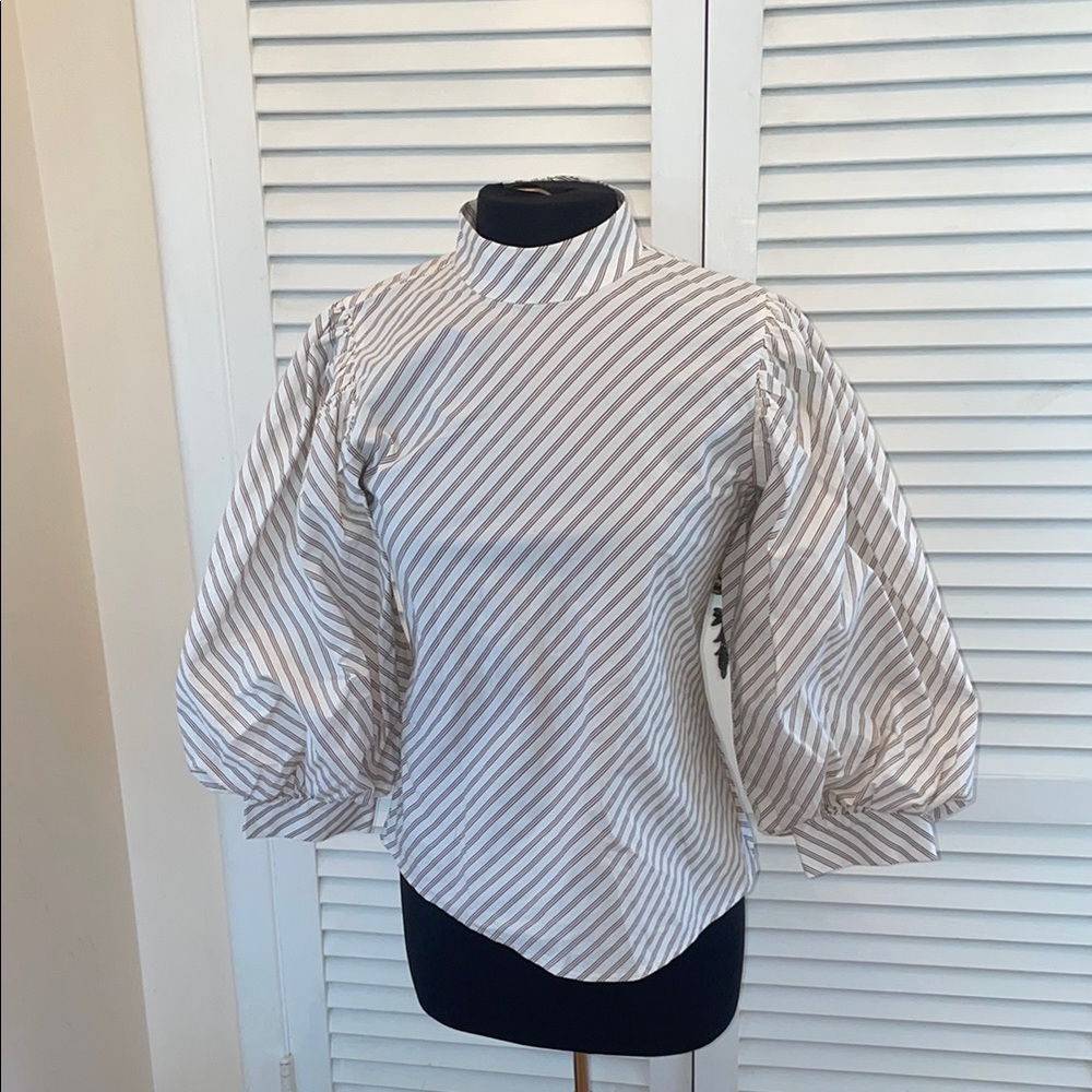 NWT Ganni White Balloon Sleeve Blouse with Mandarin collar cotton back zip 8-10